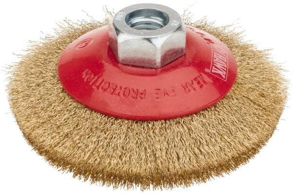 Value Collection - 4" OD, M14x2.00 Arbor Hole, Crimped Brass-Coated Steel Wheel Brush - 3/8" Face Width, 0.008" Filament Diam, 12,500 RPM - Americas Industrial Supply