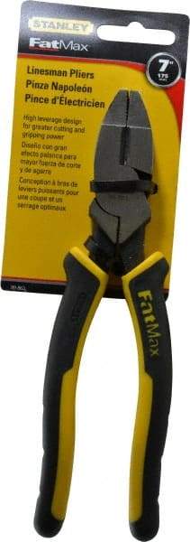 Stanley - 7-5/8" OAL, 1-1/2" Jaw Length x 1" Jaw Width, Side Cutting Linesman's Pliers - Serrated Jaw, Flat Nose Head, Bi-Material Cushion Grip Handles - Americas Industrial Supply