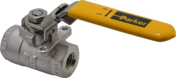Parker - 1/4" Pipe, Full Port, Stainless Steel Standard Ball Valve - 2 Piece, Inline - One Way Flow, FNPT x FNPT Ends, Padlock Handle, 2,000 WOG, 150 WSP - Americas Industrial Supply