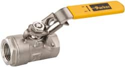 Parker - 1-1/2" Pipe, Full Port, Stainless Steel Standard Ball Valve - 2 Piece, Inline - One Way Flow, FNPT x FNPT Ends, Padlock Handle, 1,500 WOG, 150 WSP - Americas Industrial Supply