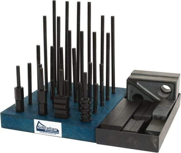 Gibraltar - 50 Piece Fixturing Step Block & Clamp Set with 1" Step Block, 7/16" T-Slot, 3/8-16 Stud Thread - 11/16" Nut Width, 3, 4, 5, 6, 7 & 8" Stud Lengths - Americas Industrial Supply