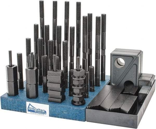 Gibraltar - 50 Piece Fixturing Step Block & Clamp Set with 1" Step Block, 5/8" T-Slot, 1/2-13 Stud Thread - 1" Nut Width, 3, 4, 5, 6, 7 & 8" Stud Lengths - Americas Industrial Supply
