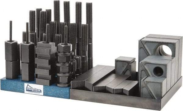 Gibraltar - 50 Piece Fixturing Step Block & Clamp Set with 1-1/2" Step Block, 7/8" T-Slot, 3/4-10 Stud Thread - 1-1/2" Nut Width, 3, 4, 5, 6, 7 & 8" Stud Lengths - Americas Industrial Supply