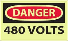 NMC - Accident Prevention Label, Header: DANGER - Legend: Danger - 480 Volts, English, Red & Black & Yellow, 5" Long x 3" High, Sign Muscle Finish - Americas Industrial Supply