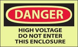 NMC - Accident Prevention Label, Header: DANGER - Legend: Danger - High Voltage - Do Not Enter This Enclosure, English, Red & Black & Yellow, 5" Long x 3" High, Sign Muscle Finish - Americas Industrial Supply