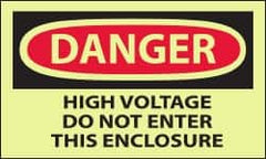 NMC - Accident Prevention Label, Header: DANGER - Legend: Danger - High Voltage - Do Not Enter This Enclosure, English, Red & Black & Yellow, 5" Long x 3" High, Sign Muscle Finish - Americas Industrial Supply