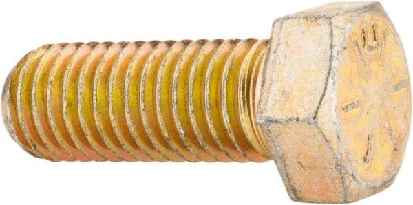 Made in USA - 9/16-12 UNC, 1-1/2" Length Under Head Hex Head Cap Screw - Fully Threaded, Grade 8 Alloy Steel, Zinc Yellow Dichromate Finish, 13/16" Hex - Americas Industrial Supply