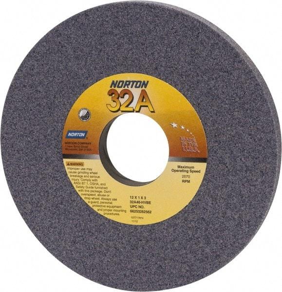 Norton - 12" Diam x 3" Hole x 1" Thick, H Hardness, 46 Grit Surface Grinding Wheel - Aluminum Oxide, Type 1, Coarse Grade, 2,070 Max RPM, Vitrified Bond, No Recess - Americas Industrial Supply