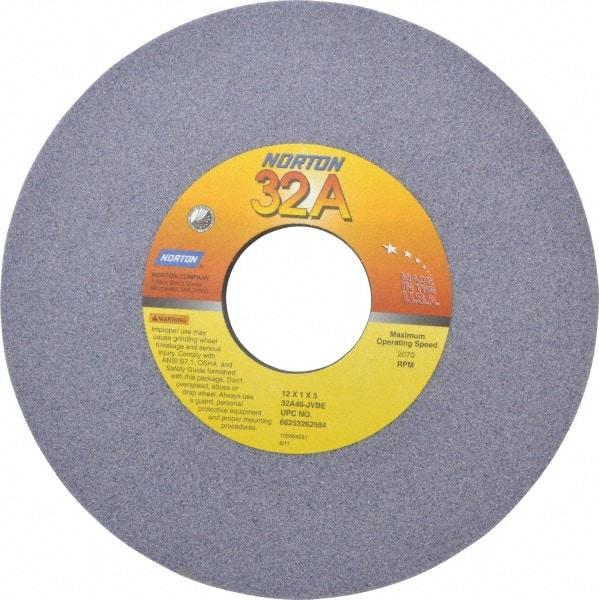 Norton - 12" Diam x 3" Hole x 1" Thick, I Hardness, 46 Grit Surface Grinding Wheel - Aluminum Oxide, Type 1, Coarse Grade, 2,070 Max RPM, Vitrified Bond, No Recess - Americas Industrial Supply