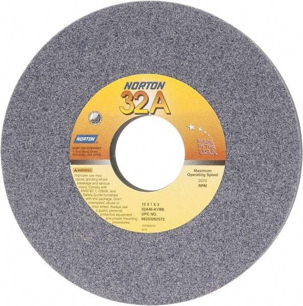 Norton - 12" Diam x 3" Hole x 1" Thick, K Hardness, 46 Grit Surface Grinding Wheel - Aluminum Oxide, Type 1, Coarse Grade, 2,070 Max RPM, Vitrified Bond, No Recess - Americas Industrial Supply