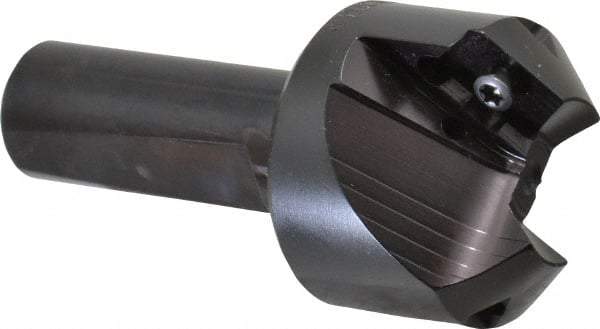 Kyocera - 45° Lead Angle, 1.65" Max Cut Diam, 0.8" Min Cut Diam, 0.44" Max Depth of Cut, Indexable Chamfer and Angle End Mill - 2 Inserts, APET 1604 Insert Style, 3-1/4" Overall Length, Straight Shank, 90° Included Angle - Americas Industrial Supply