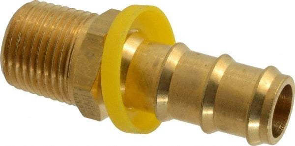 Eaton - 5/8" ID 1/2-14 NPT Barbed Push On Male Connector - 1-3/16" Cut Off Allowance, 2.6" Long, 7/8" Hex, Brass - Americas Industrial Supply