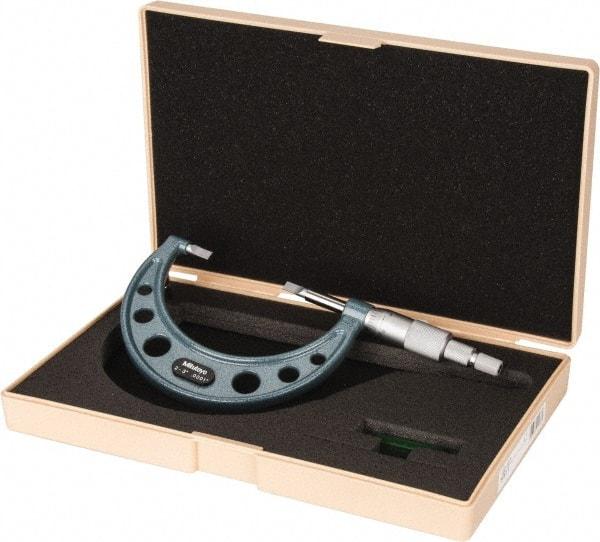 Mitutoyo - 2" to 3" Mechanical Hammertone Green Coated Blade Micrometer - 0.0002" Accuracy, 0.0001" Graduation, 0.75mm Blade Thickness, Ratchet Stop Thimble - Americas Industrial Supply