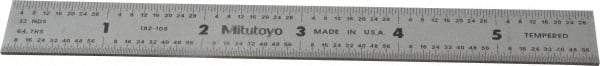 Mitutoyo - 6" Long, 1/64, 1/32" and 0.5, 1mm Graduation, Rigid Stainless Steel Rule - English/Metric Graduation Style, 3/4" Wide, Silver, Satin Chrome Finish - Americas Industrial Supply