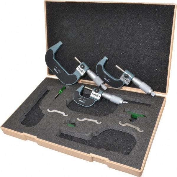 Mitutoyo - 0 to 3" Range, 3 Piece Mechanical Outside Micrometer Set - 0.0001" Graduation, 0.0001" Accuracy, Friction (0 to 2"), Ratchet Stop (2 to 3") Thimble, Carbide Tipped Face - Americas Industrial Supply