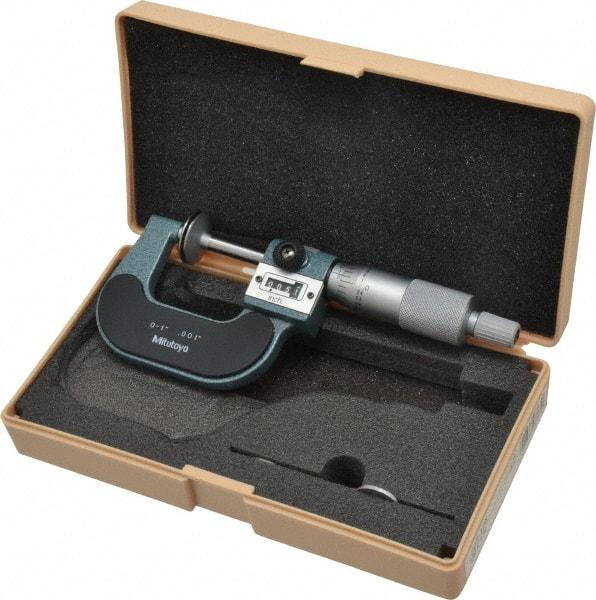 Mitutoyo - 0 to 1 Inch, 0.001 Inch Graduation, Ratchet Stop Thimble, Mechanical Disc Micrometer - 0.0002 Inch Accuracy, 20mm Disc, 6.35mm Spindle - Americas Industrial Supply