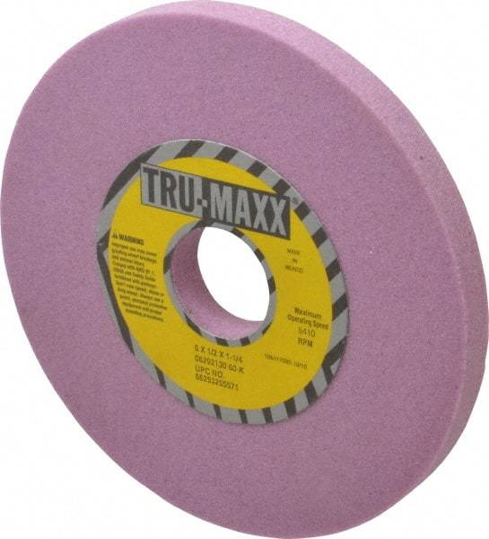 Tru-Maxx - 6" Diam x 1-1/4" Hole x 1/2" Thick, K Hardness, 60 Grit Surface Grinding Wheel - Aluminum Oxide, Type 1, Medium Grade, 5,410 Max RPM, Vitrified Bond, No Recess - Americas Industrial Supply