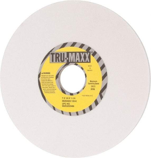 Tru-Maxx - 7" Diam x 1-1/4" Hole x 1/4" Thick, K Hardness, 120 Grit Surface Grinding Wheel - Aluminum Oxide, Type 1, Fine Grade, 3,600 Max RPM, Vitrified Bond, No Recess - Americas Industrial Supply