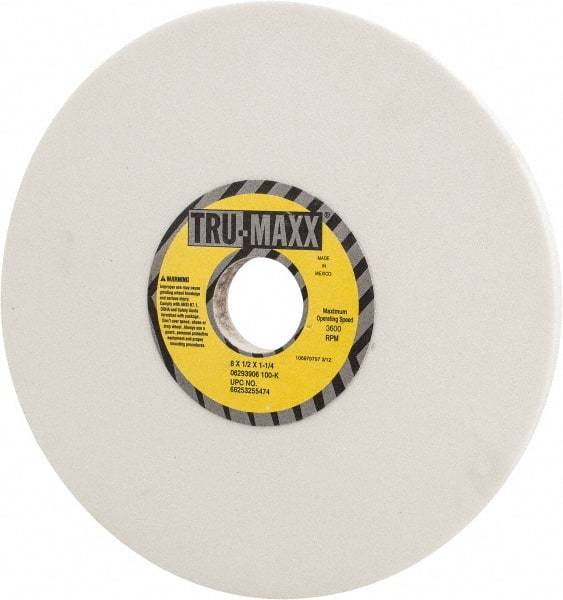 Tru-Maxx - 8" Diam x 1-1/4" Hole x 1/2" Thick, K Hardness, 100 Grit Surface Grinding Wheel - Aluminum Oxide, Type 1, Fine Grade, 3,600 Max RPM, Vitrified Bond, No Recess - Americas Industrial Supply