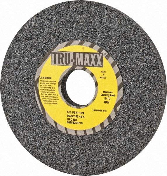 Tru-Maxx - 6" Diam x 1-1/4" Hole x 1/2" Thick, K Hardness, 46 Grit Surface Grinding Wheel - Aluminum Oxide, Type 1, Coarse Grade, 5,410 Max RPM, Vitrified Bond, No Recess - Americas Industrial Supply