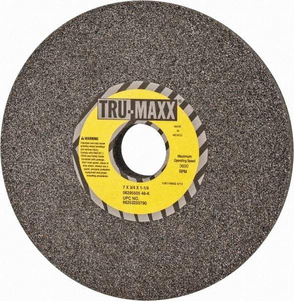 Tru-Maxx - 7" Diam x 1-1/4" Hole x 3/4" Thick, K Hardness, 46 Grit Surface Grinding Wheel - Aluminum Oxide, Type 1, Coarse Grade, 3,600 Max RPM, Vitrified Bond, No Recess - Americas Industrial Supply