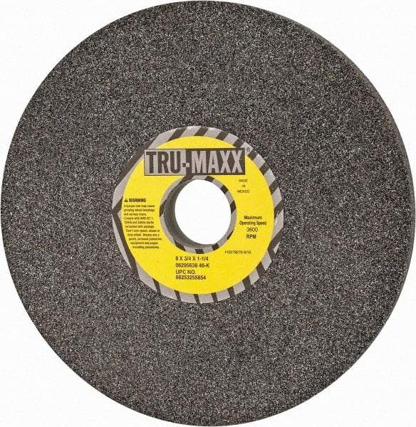 Tru-Maxx - 8" Diam x 1-1/4" Hole x 3/4" Thick, K Hardness, 46 Grit Surface Grinding Wheel - Aluminum Oxide, Type 1, Coarse Grade, 3,600 Max RPM, Vitrified Bond, No Recess - Americas Industrial Supply