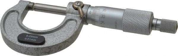 Value Collection - 0 to 25mm Range, 0.01mm Graduation, Mechanical Outside Micrometer - Ratchet Stop Thimble, Accurate to 0.004mm - Americas Industrial Supply