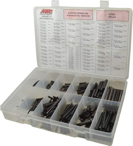 Made in USA - 750 Piece, 1/16 to 7/16" Pin Diam, Spring Pin Assortment - Steel - Americas Industrial Supply