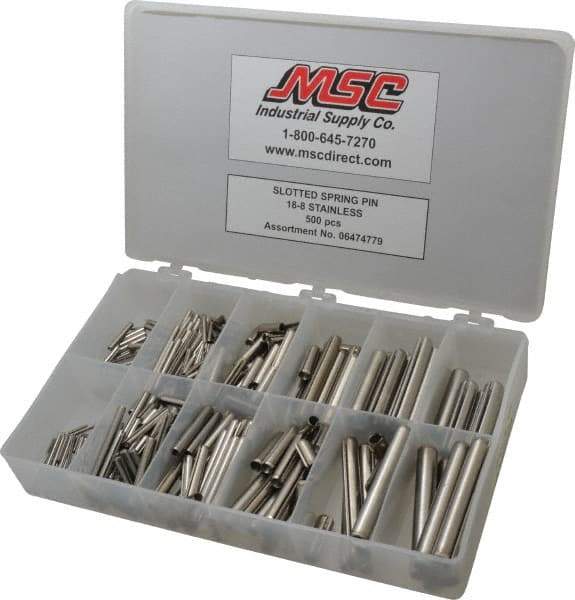 Made in USA - 500 Piece, 1/16 to 7/16" Pin Diam, Spring Pin Assortment - 18-8 Stainless Steel - Americas Industrial Supply