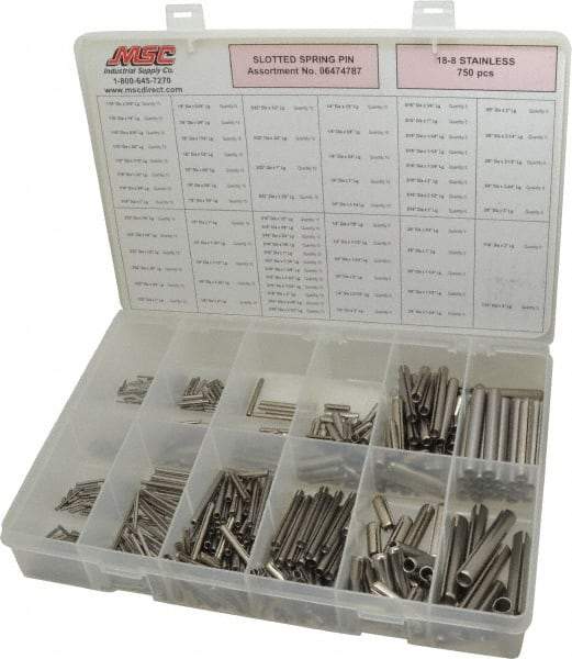 Made in USA - 750 Piece, 1/16 to 7/16" Pin Diam, Spring Pin Assortment - 18-8 Stainless Steel - Americas Industrial Supply