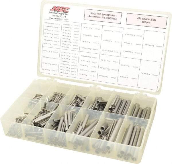 Made in USA - 500 Piece, 1/16 to 7/16" Pin Diam, Spring Pin Assortment - 420 Stainless Steel - Americas Industrial Supply
