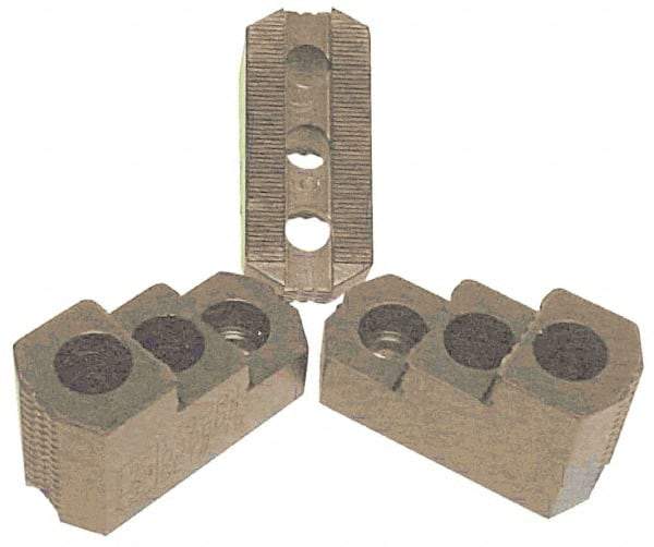 H & R Manufacturing - 15" Max Chuck Diam Compatibility, Case Hardened Steel 1.5mm x 60° Serrated Hard Lathe Top Jaws - 2 Steps, 1" Groove Width, 2-1/2" Wide x 5-1/2" Long x 3-15/32" High - Americas Industrial Supply