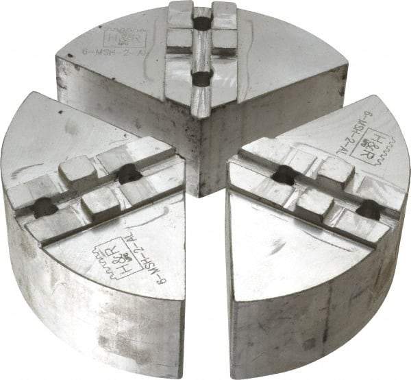H & R Manufacturing - 6" Chuck Capacity, Tongue & Groove Attachment, Round Soft Lathe Chuck Jaw - 3 Jaws, Aluminum, 1-1/2" Btw Mount Hole Ctrs, 3" Long x 6" Wide x 2" High, 5/16" Groove - Americas Industrial Supply