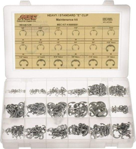 Made in USA - 565 Piece, 1/8 to 3/4", Steel, E Style External Retaining Ring Assortment - Includes Compartmented Case - Americas Industrial Supply