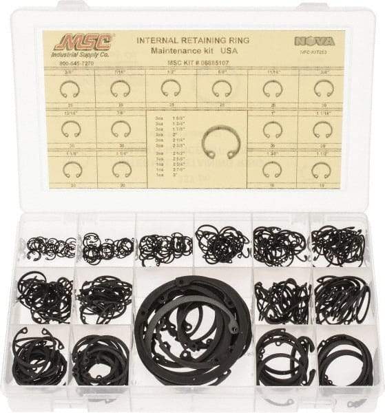 Made in USA - 337 Piece, 3/8 to 3", SpRing Assortment Steel, Snap Internal Retaining Ring Assortment - Includes Compartmented Case - Americas Industrial Supply