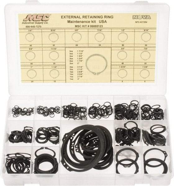 Made in USA - 444 Piece, 1/4 to 3", SpRing Assortment Steel, Snap External Retaining Ring Assortment - Includes Compartmented Case - Americas Industrial Supply