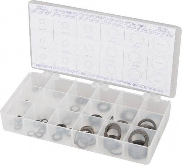 Precision Brand - 270 Piece, 1/4 to 3/4" Screw, Grade 1075 Spring Steel Flat Washer Assortment - Includes (15) 0.501 Inside x 0.738 OD Washer, (45) 0.252 to 0.751 Inside x 0.366 to 0.995 OD Washer & Compartmented Storage Case - Americas Industrial Supply