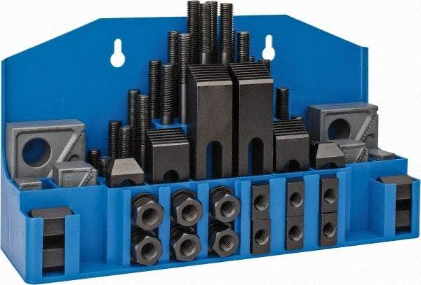TE-CO - 52 Piece Fixturing Step Block & Clamp Set with 1" Step Block, 5/8" T-Slot, 1/2-13 Stud Thread - 1" Nut Width, 3, 4, 5, 6, 7 & 8" Stud Lengths - Americas Industrial Supply