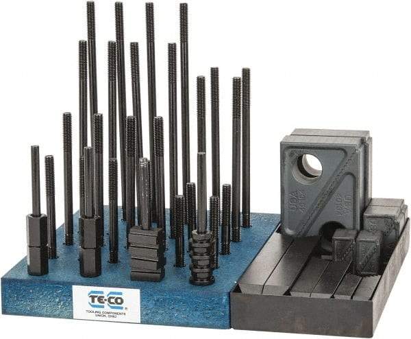 TE-CO - 50 Piece Fixturing Step Block & Clamp Set with 1" Step Block, 3/8" T-Slot, 5/16-18 Stud Thread - 5/8" Nut Width, 3, 4, 5, 6, 7 & 8" Stud Lengths - Americas Industrial Supply