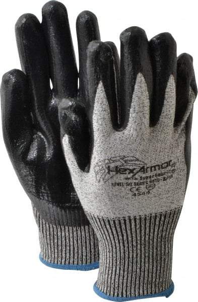 HexArmor - Size M (8), ANSI Cut Lvl A8, Puncture Lvl 5, Nitrile Coated Cut & Puncture Resistant Gloves - Palm & Fingers Coated, SuperFabric/HPPE Lining, Knit Wrist, Gray/Black, Paired - Americas Industrial Supply