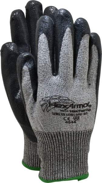 HexArmor - Size L (9), ANSI Cut Lvl A8, Puncture Lvl 5, Nitrile Coated Cut & Puncture Resistant Gloves - Palm & Fingers Coated, SuperFabric/HPPE Lining, Knit Wrist, Gray/Black, Paired - Americas Industrial Supply