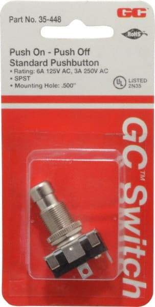 GC/Waldom - 1/2 Inch Mount Hole, Miniature Pushbutton Switch Only - Round, Chrome Pushbutton, Nonilluminated, Maintained (MA), On-Off - Americas Industrial Supply
