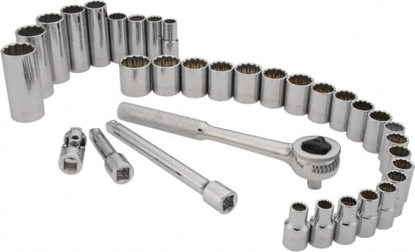 Paramount - 34 Piece 3/8" Drive Standard Deep Socket Set - 12 Points, 5/16 to 7/8", 8 to 19mm, Inch/Metric Measurement Standard - Americas Industrial Supply