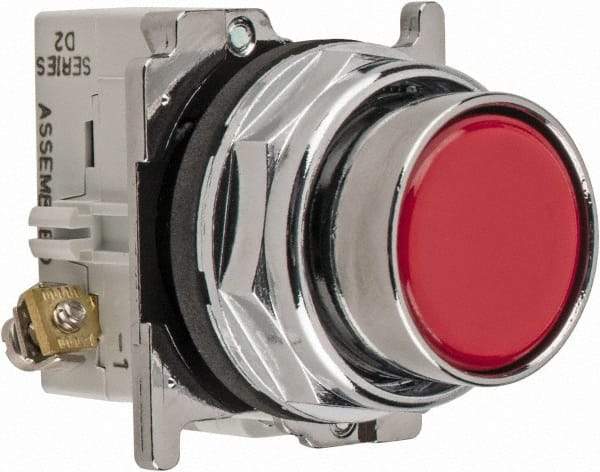Eaton Cutler-Hammer - 30-1/2mm Mount Hole, Flush, Pushbutton Switch with Contact Block - Round, Red Pushbutton, Nonilluminated, Momentary (MO), Corrosion Resistant, Oiltight and Watertight - Americas Industrial Supply