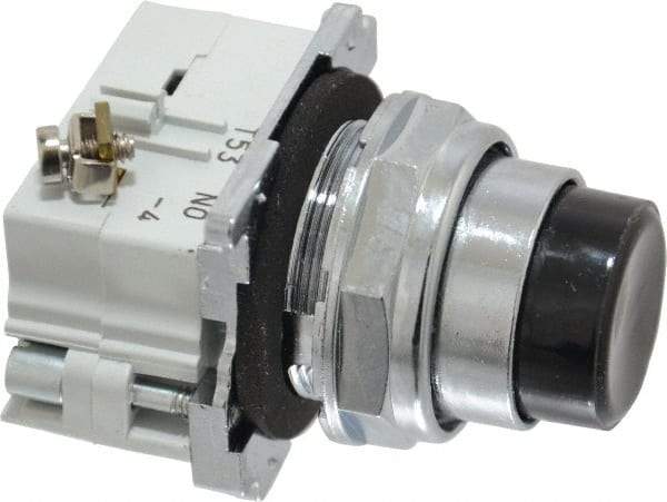 Eaton Cutler-Hammer - 30-1/2mm Mount Hole, Extended Straight, Pushbutton Switch with Contact Block - Round, Black Pushbutton, Nonilluminated, Momentary (MO), Corrosion Resistant, Oiltight and Watertight - Americas Industrial Supply