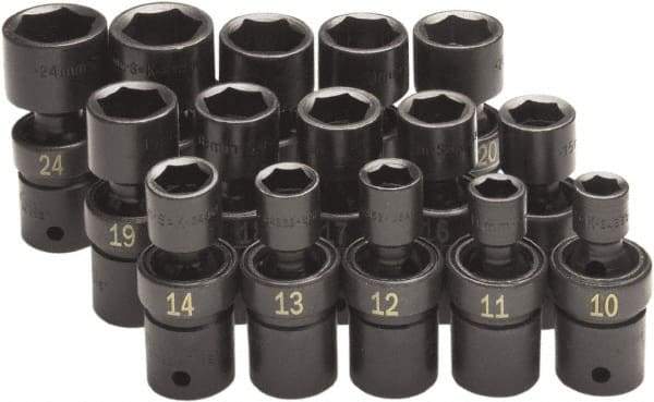 SK - 15 Piece 1/2" Drive Standard Impact Socket Set - 6 Points, 10 to 24mm, Metric Measurement Standard - Americas Industrial Supply