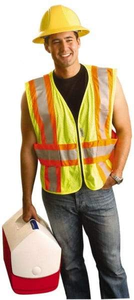 OccuNomix - Size 3X/4XL High Visibility Yellow Mesh Expandable Vest - 58 to 64" Chest, ANSI 107-2015, Zipper Closure, 3 Pockets, Polyester - Americas Industrial Supply