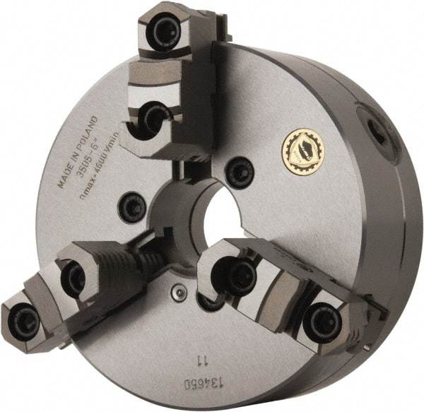 Bison - 3 Jaws, 6" Diam, Self Centering Manual Lathe Chuck - Plain Back Mount Spindle, Reversible, 4,500 Max RPM, 1.6535" Through Hole Diam, 0.0014" Axial Runout, 0.0012" Radial Runout, Forged Steel - Americas Industrial Supply