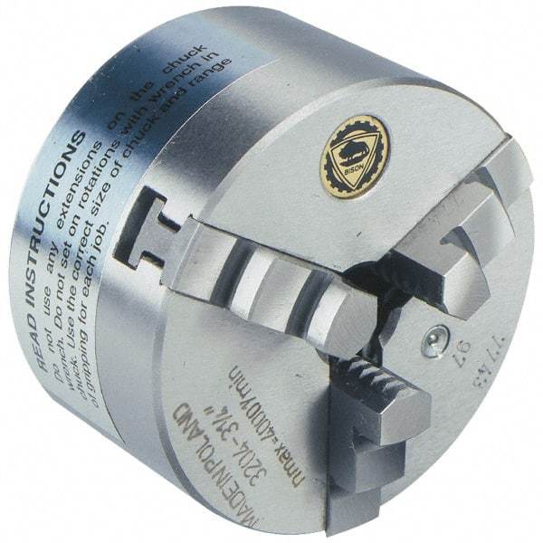 Bison - 3 Jaws, 10" Diam, Self Centering Manual Lathe Chuck - Plain Back Mount Spindle, 2,000 Max RPM, 2.9921" Through Hole Diam, 0.001" Axial Runout, 0.0016" Radial Runout, Cast Iron - Americas Industrial Supply