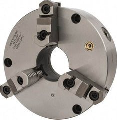 Bison - 3 Jaws, 10" Diam, Self Centering Manual Lathe Chuck - Front Mount, Reversible, 2.9921" Through Hole Diam, Cast Iron - Americas Industrial Supply
